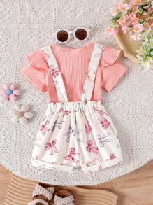 2 件装女婴可爱短袖连体衣 + 围兜裤套装，轻便夏季 - 淺粉色 - 查看 2