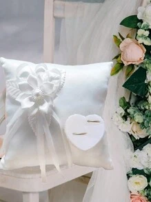 1 件戒指枕仿珍珠刺绣花叶结婚戒指枕缎面双心形装饰结婚戒指枕戒指托适用于海滩婚礼婚礼求婚蕾丝仿珍珠结婚戒指枕托垫情人节 - 彩色 - 查看 3