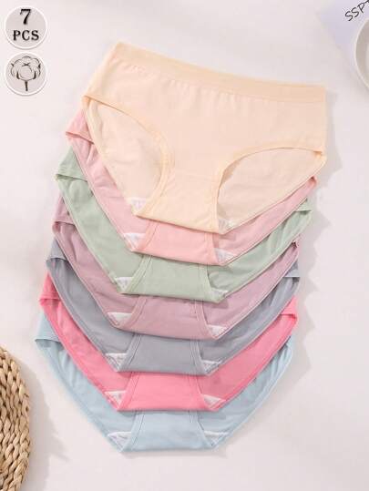 7 قطعة/عبوة ملابس داخلية نسائية بخصر منخفض ذات لون أحادي مريحة وقابلة للتنفس