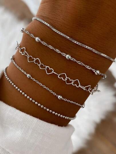 5pcs/Set Heart Beaded Bracelet Set For Women (Bead And Chain Length Random) Valentines,Mom,Mother,Mother's Day,Gift