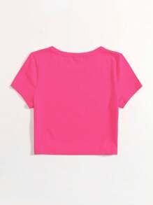 Tween Girl 优雅休闲豹纹印花心形标语图案短款上衣 T 恤，春夏新品 - 玫紅色 - 查看 4