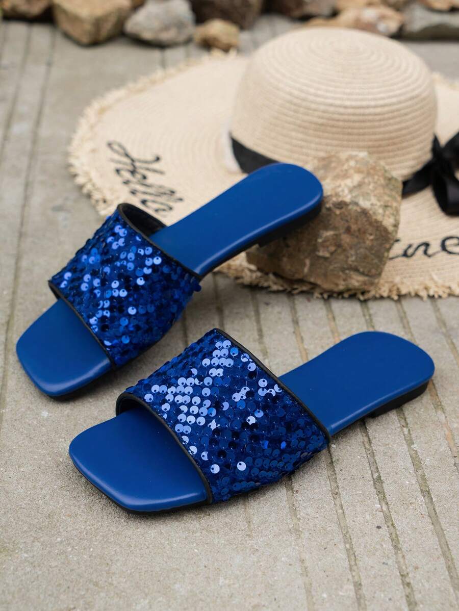 Women's Summer New Square Toe Rhinestone Embellished Slippers, High-End Stylish Open Toe Flat Sandals, Elegant Glitter Outdoor Flip Flops, Party & Holiday Wear