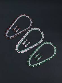 一套三件装奢华立方氧化锆首饰项链耳环套装，时尚个性化项链，可搭配晚礼服，情人节礼物 - 珠寶套裝 - 查看 3