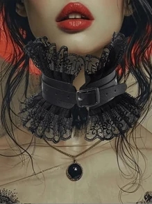 1pc Women's Retro Princess Style Faux Leather Floral Lace Ruffle Collar Gothic Victorian Choker Necklace, Suitable For Christmas, Carnival Party - Black - View 2