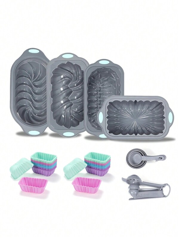 Set di teglie in silicone da 45 pezzi, teglia in silicone da 6 tazze per cuocere il pane, cupcake scanalati, teglie da cucina antiaderenti, con misurino e set di cucchiai, grigio