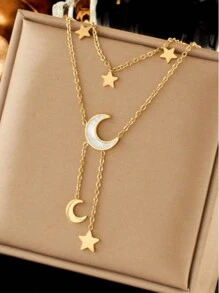 1件双层白色贝壳新月形不锈钢流苏吊坠项链（女士款） - 金色 - 查看 1