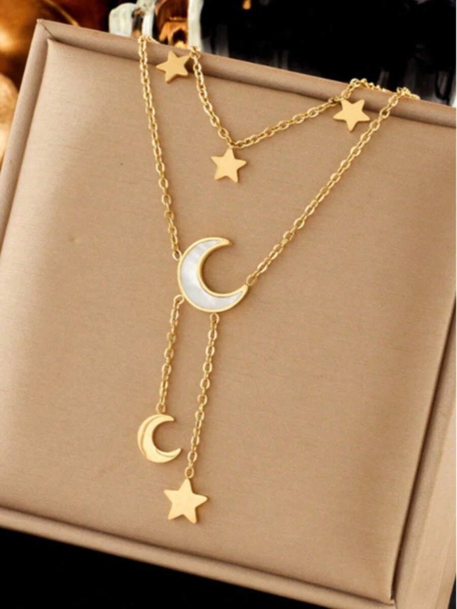 1件双层白色贝壳新月形不锈钢流苏吊坠项链（女士款） - 金色 - 查看 1