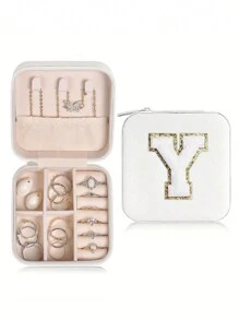 1 pièce Boîte de voyage pour bijoux avec initiale A-Z, étui de rangement multifonctionnel pour bijoux, mini boîte de rangement pour bijoux, organisateur de maquillage, porte-bijoux, sac cosmétique, sac de toilette, cadeau idéal pour les femmes, petite amie, amis, anniversaire, Noël, Halloween - Boîte de voyage pour bijoux avec initiale rose, cadeau de Noël pour adolescentes, retour à l'école