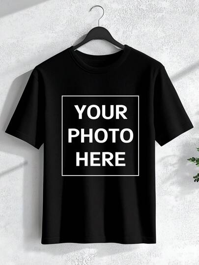 Customized Men's T-Shirt, Upload Your Photo/Family/Lover/Pet/Best Friend, Black Color T-Shirt, Holiday Gift, Anniversary Gift, Company Team Building Uniform, Music Festival Outfit, Gift For Him, Short Sleeve, Party Clothing Ornamental Stylish, Fashion, Hipster, Contracted, Easy Costume, Modest Fashion, Minimal Chic, Casual Custom, Unique, Personalized Treasurefinds Ideal Gifts For Him Family,Casual Wear SS