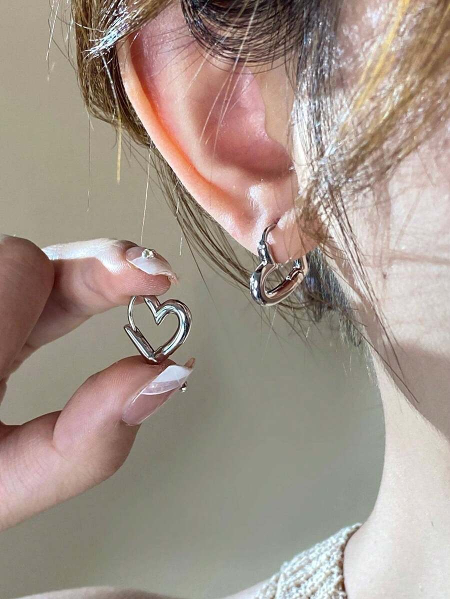 1 Cặp Hoa tai hình trái tim bằng đồng thời trang, Khuyên tai tròn bằng thép không gỉ chất lượng cao, Quà tặng ngày lễ tình nhân mới Valentine, Mẹ, Mẹ, Ngày của Mẹ, Quà tặng - Bạc - Xem 1