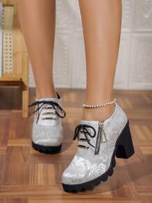 Women's Fashion Round Toe Low-Top Zipper Rhinestone Metal Decor Black Casual Lace-Up Versatile Thick Heel Non-Slip Shoes - White - View 6