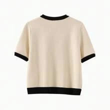 Seelio Women New Short Sleeve Knit Top, French Style Color Blocking Button-Up Round Neck Fitted T-Shirt, Short Sleeve Knit Cardigan