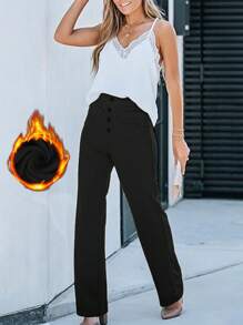 Women's High Waist Solid Color Button Pocket Straight Leg Casual Pants - Black - View 4