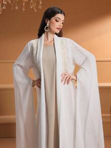 女式条纹拼布两件套超长袖优雅阿拉伯风格连衣裙，端庄 - 米色 - 查看 1