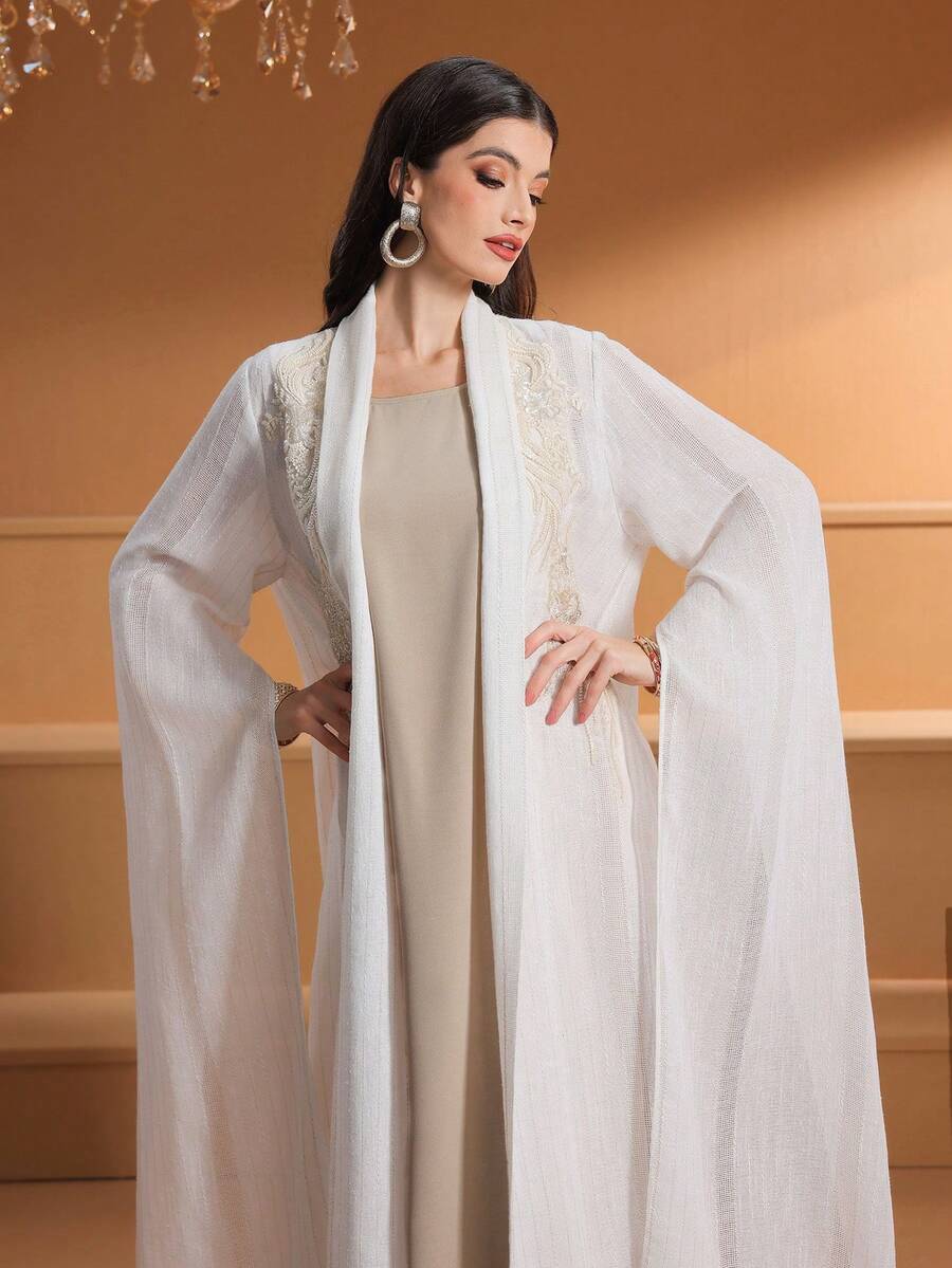 女式条纹拼布两件套超长袖优雅阿拉伯风格连衣裙，端庄 - 米色 - 查看 1