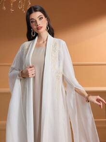 女式条纹拼布两件套超长袖优雅阿拉伯风格连衣裙，端庄 - 米色 - 查看 5