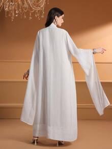 女式条纹拼布两件套超长袖优雅阿拉伯风格连衣裙，端庄 - 米色 - 查看 2