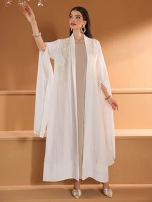 女式条纹拼布两件套超长袖优雅阿拉伯风格连衣裙，端庄 - 米色 - 查看 6