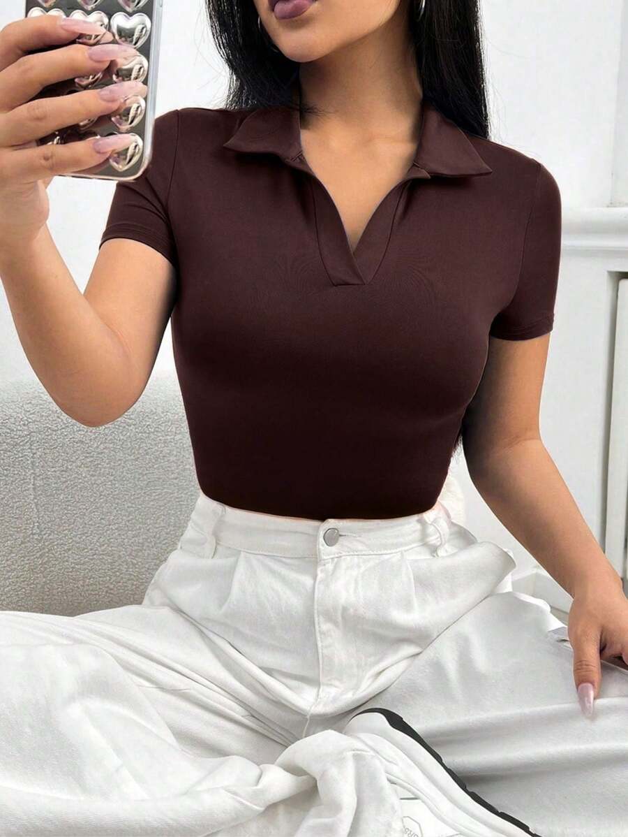 Women's Polo Neck Suplex Short Sleeve Bodysuit Bori Premium Sleeve - 鏽棕色 - 查看 1