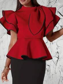 Asymmetrical Ruffle Hem Fitted Blouse For Women - Red - View 2