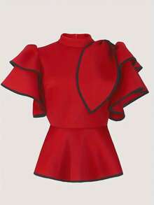 Asymmetrical Ruffle Hem Fitted Blouse For Women - Red - View 4