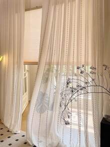 1 件装复古东南亚风格亚麻垂直条纹禅意高端卧室、客厅、阳台窗户薄纱窗帘