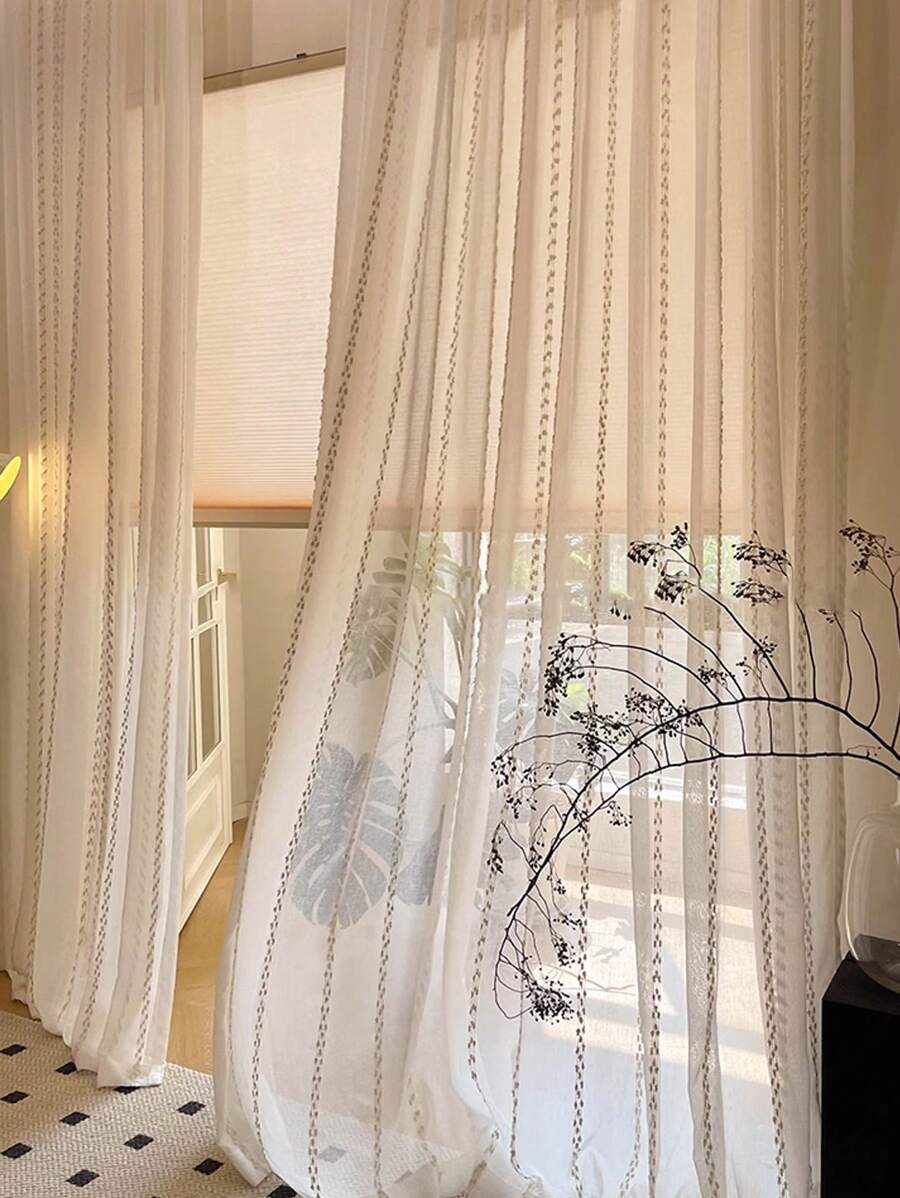 1 件装复古东南亚风格亚麻垂直条纹禅意高端卧室、客厅、阳台窗户薄纱窗帘