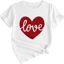 Girl's Letter Graphic Short Sleeve T Shirt Heart Print Crew Neck Tees Breathable Casual Tee Tops - White - View 1