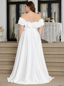 UNITHORSE Plus Size 1pc Off Shoulder Cloud Pleated Waist Slim A-Line Slit Side Size Simple White Wedding Gown Bride, All White Party Outfit Women Spring - trắng - Xem 2
