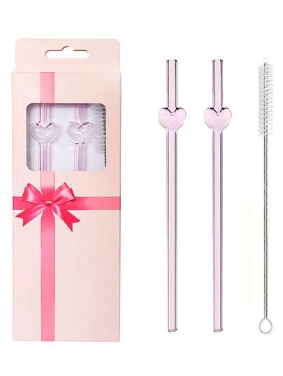 Pink Heart-Shaped Glass Straw Set With Cleaning Brush - 2 Reusable, Shatterproof & Heat-Resistant Straws For Smoothies, Juice - Ideal For Outdoor, Restaurant, Picnic