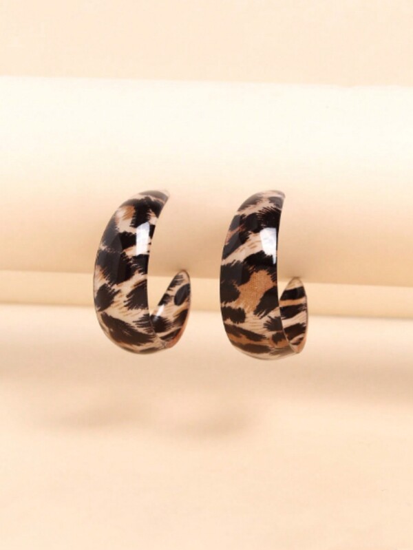1 Pair Asymmetrical Leopard Acrylic C-Shaped Earrings, Retro High-End Personalized Design Dangle Hoop Earrings, Autumn/Winter