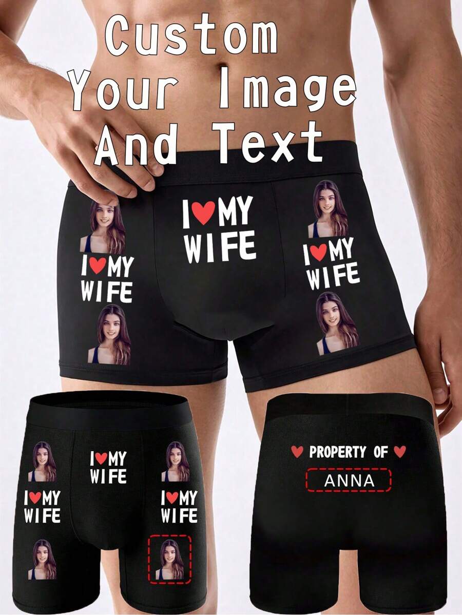Customized Men's Black Sexy Briefs, Customized Photo Print On Front, "I LOVE MY WIFE" Letter Graphic, Customized Name "PROPERTY OF" Letter Print On Back, Fashionable Exclusive Festival Gift