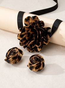 3pcs Fashionable Plus Size Fabric Leopard Print Floral Charm Elegant Bow Choker Flower Earrings Set For Women, Elegant Gift