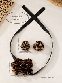 3pcs Fashionable Plus Size Fabric Leopard Print Floral Charm Elegant Bow Choker Flower Earrings Set For Women, Elegant Gift