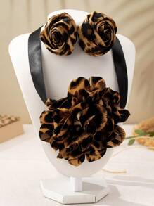 3pcs Fashionable Plus Size Fabric Leopard Print Floral Charm Elegant Bow Choker Flower Earrings Set For Women, Elegant Gift