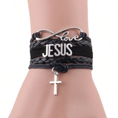 Jesus Loves Me Leather Bracelet Multilayer Wrap JESUS Christian Bible Cross Braided Bracelet Religious Ornaments Birthday Gift Festival Present Jewelry Letter Bracelet For Women Men