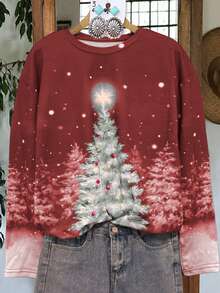 春秋新款女装休闲夜店圣诞树定位印花圆领套头长袖针织衫 - 紅色 - 查看 2