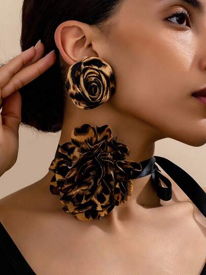 3pcs Fashionable Plus Size Fabric Leopard Print Floral Charm Elegant Bow Choker Flower Earrings Set For Women, Elegant Gift