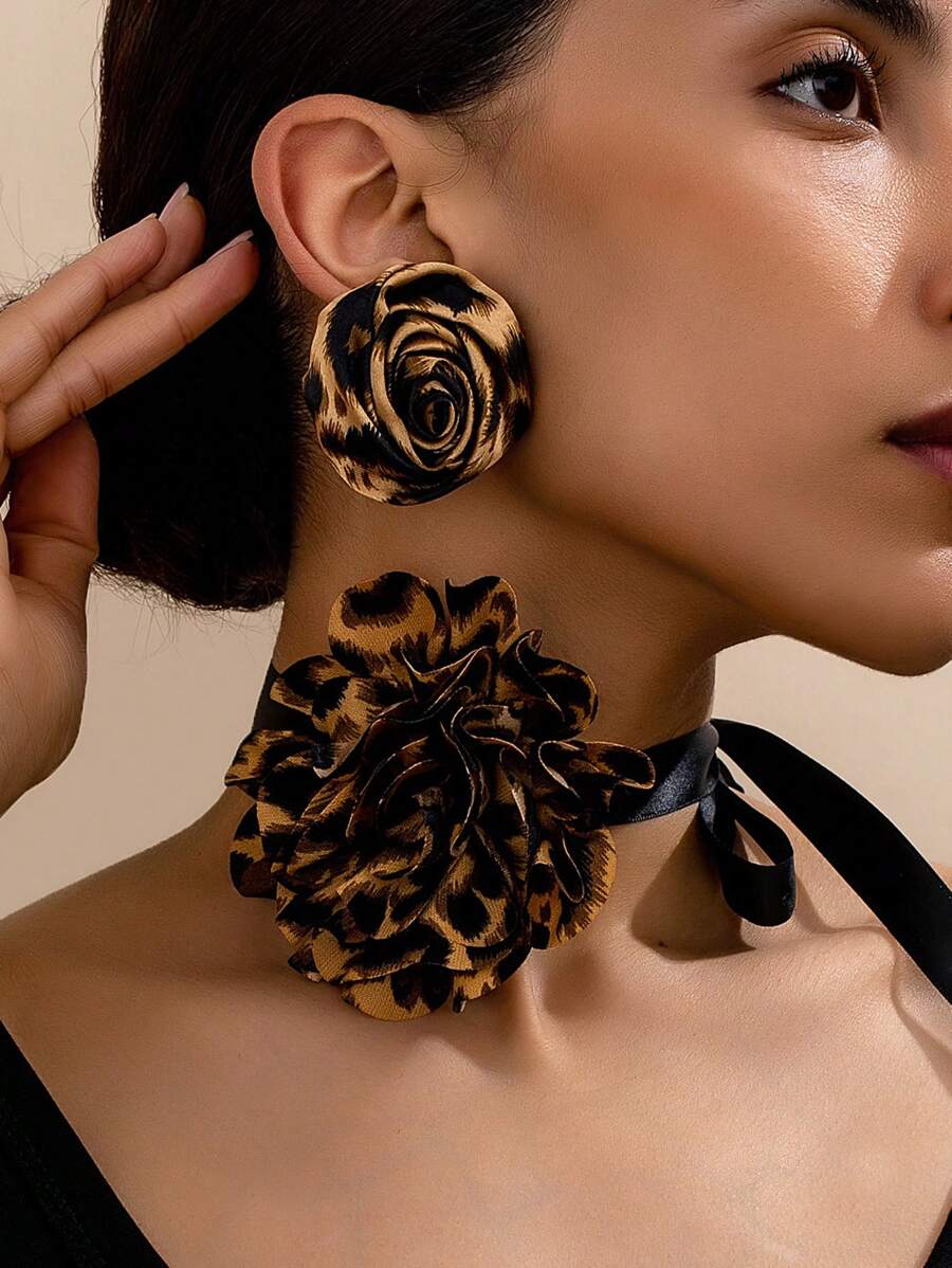 3pcs Fashionable Plus Size Fabric Leopard Print Floral Charm Elegant Bow Choker Flower Earrings Set For Women, Elegant Gift