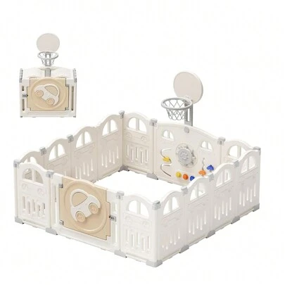 UBRAVOO Foldable Baby Playpen With Mini Basketball Hoop & 50Pcs Coloured Pit Balls, Car Theme Playpen For Baby And Toddlers, Large & Fun Indoor Activity Centre (14-Panel, Grey-White)