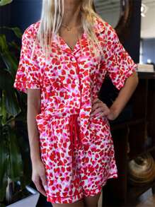 Women Pajamas Set Heart Print Button Short Sleeves Shirt And Drawstring Shorts For Loungewear Soft Sleepwear