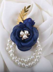 1 pieza Brazalete de flor de té azul marino con decoración de pequeña rosa, accesorio floral elegante para la mano de la novia y damas de honor, adecuado para boda, fiesta, ceremonia, baile de graduación y uso diario - Azul Marino - Ver 3