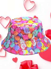 1 Stück Damen Fischerhut, Valentinstag Geschenk, neu eingetroffener bedruckter Fischerhut, Outdoor Street Fashion Sonnenhut Valentinstag - rosa Herz - Übersicht 1