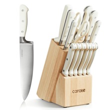 CAROTE 14 Pieces Knife Set With Wooden Block Stainless Steel Knives With Ergonomic Handle, Forged, White