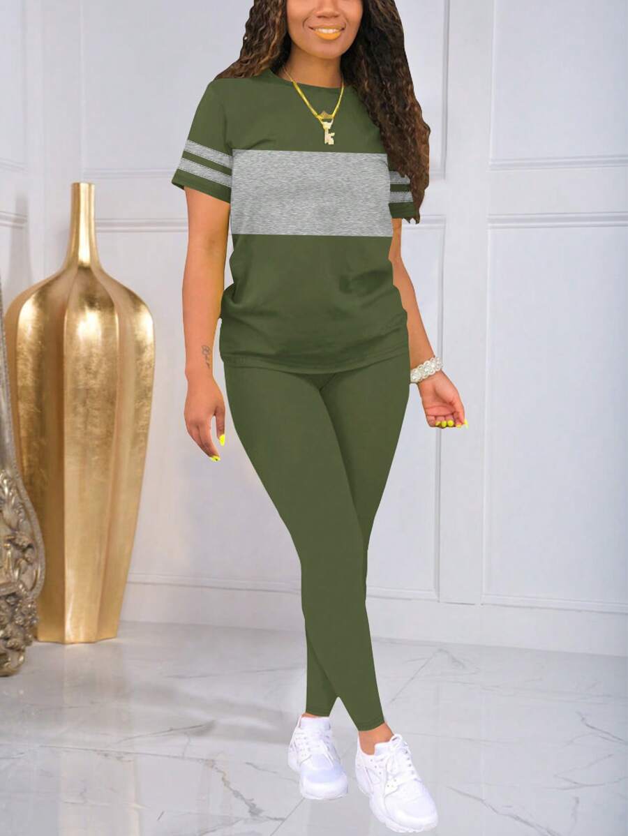 Color Block Print Casual Crew Neck Short Sleeve Top And Leggings Set