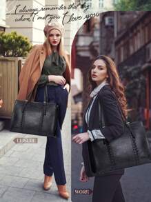 NEWHEY 15.6英寸女士真皮防水笔记本电脑包，大容量笔记本电脑手提包，专业商务办公公文包，轻便女士单肩手提包 - 黑色 - 查看 5