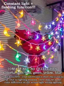 10/20/40/80LED 月亮和星星灯串，适用于新月派对，迷你月亮和星星仙女夜灯，1.5/3/6/10 米弯曲月亮灯串，由干电池供电（不包括）