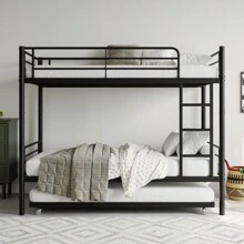 Twin Bunk Bed With Trundle Metal Bunkbeds With Ladder And Full-Length Guardrail, Noise Free, No Box Spring Needed, Black
