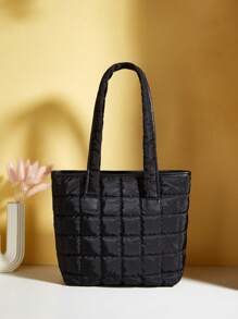 1pc Black Rhombus Pattern Empty Metal Decor Polyester Fabric Fashion Shoulder Bag, Solid Color Padded Tote Bag, Christmas Gift