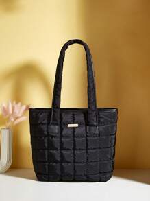 1pc Black Rhombus Pattern Empty Metal Decor Polyester Fabric Fashion Shoulder Bag, Solid Color Padded Tote Bag, Christmas Gift